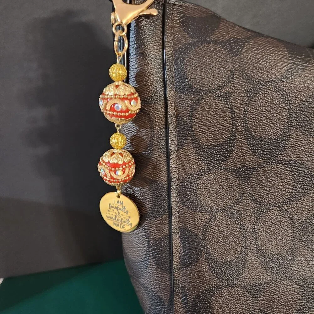 Hand Crafted Purse Bag Charm Beaded with Pendant Red Gold 5 Inches